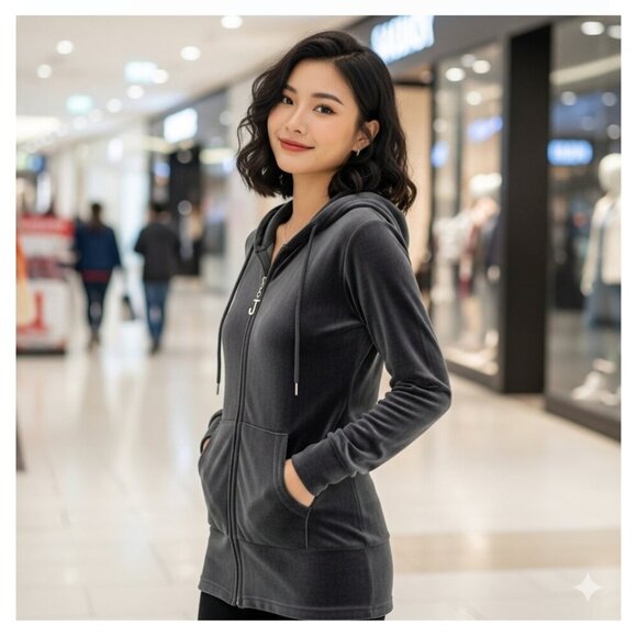 Juicy Couture Women's M Vintage Y2K Dark Gray Velour Zip Up Hoodie Sweater - Picture 1 of 13